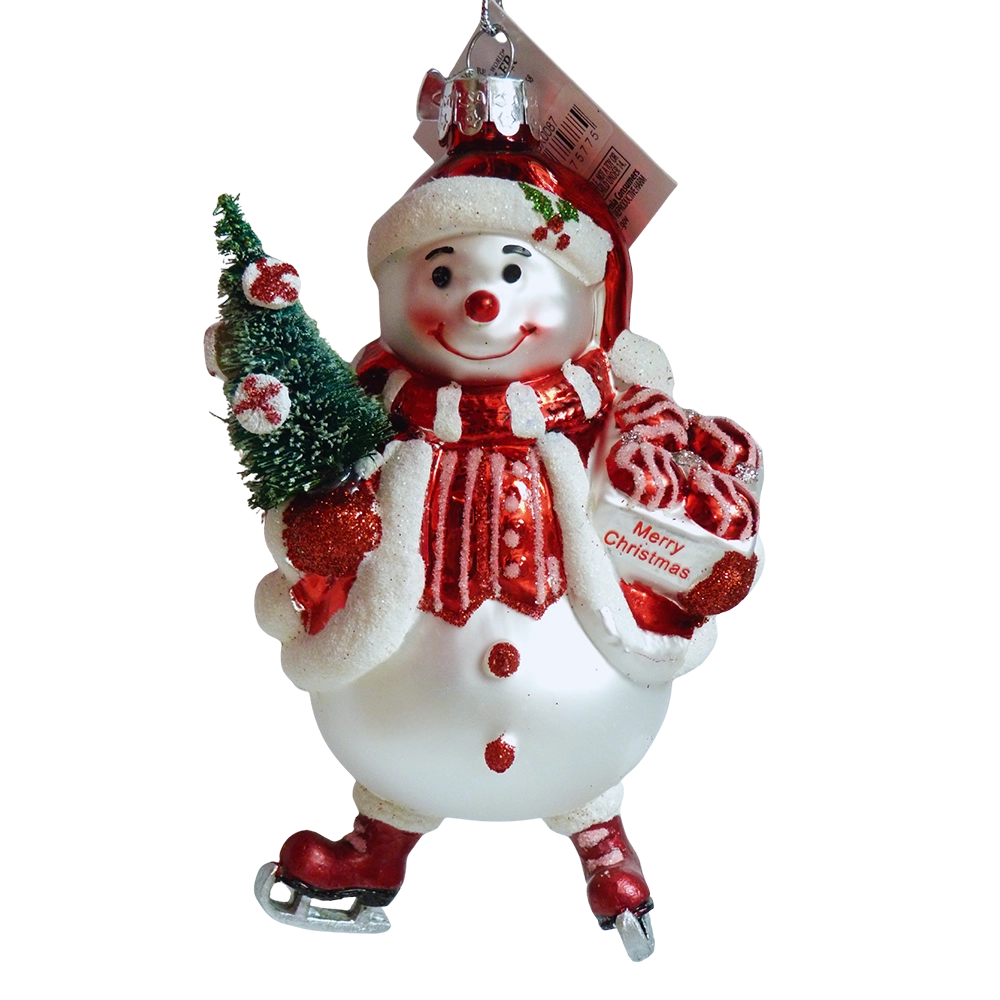 Addobbo di vetro pupazzo di neve pattinatore con cappello rosso e bianco, alberello con caramelle di menta e pacchetto Merry Christmas