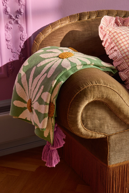 coperta verde cotone con margherite e nappine