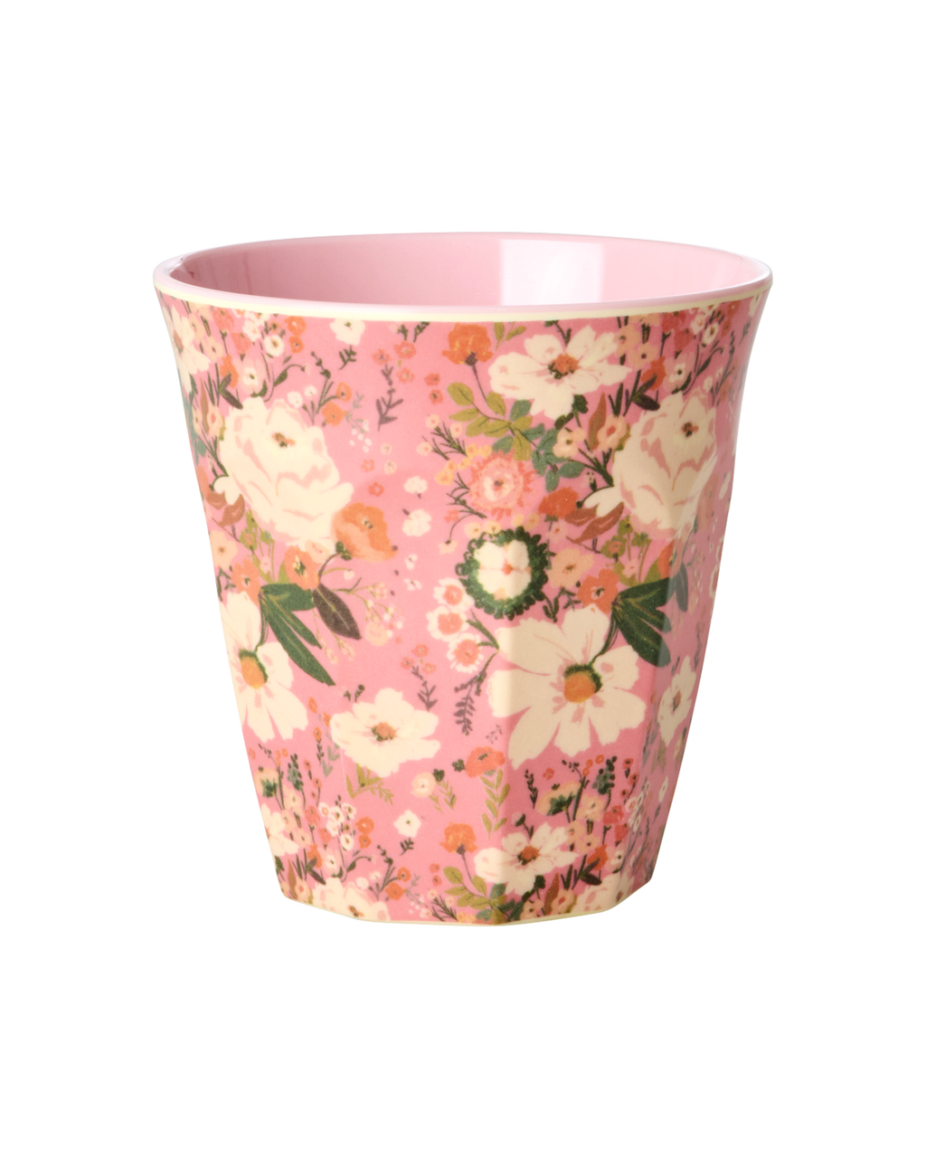 bicchiere vintage rosa con fiori bianchi melamina