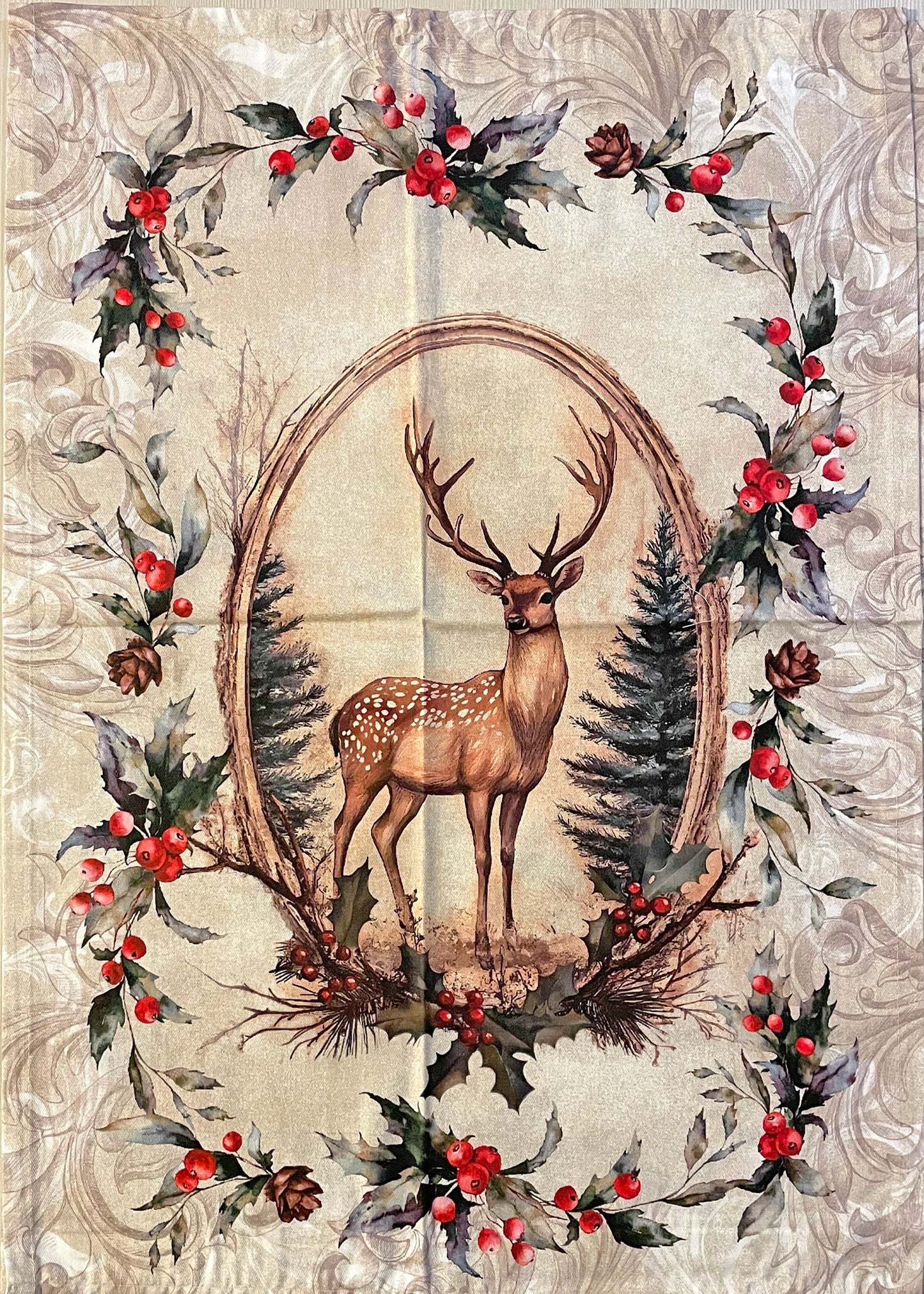 strofinaccio natalizio cervo con agrifogli cotone