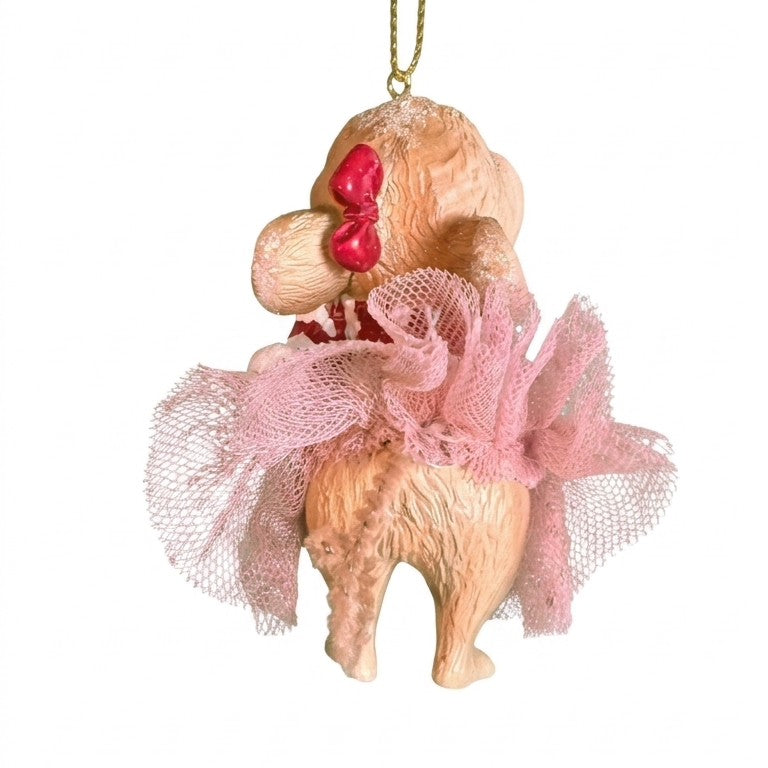 Topina ballerina di profilo con fiocco di neve glitterato, tutù di tulle rosa e fiocco rosso, addobbo albero di Natale