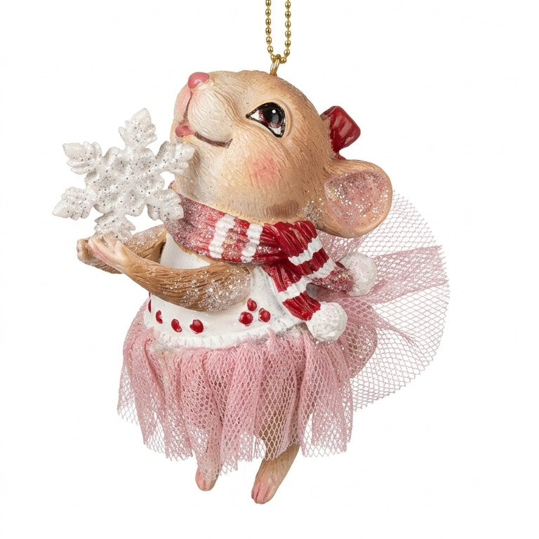 Topina natalizia con tutù di tulle rosa, sciarpa a righe rosse e bianche e fiocco di neve glitterato, addobbo da appendere