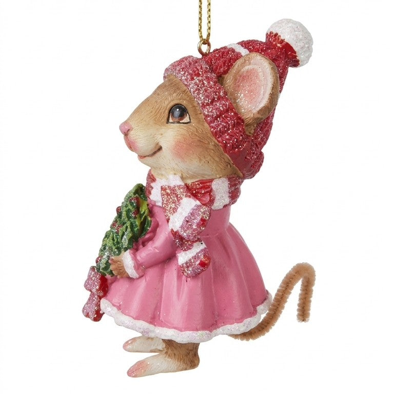 Topina con cappottino rosa e berretto in maglia di profilo, con coroncina natalizia e codina, decorazione glitterata