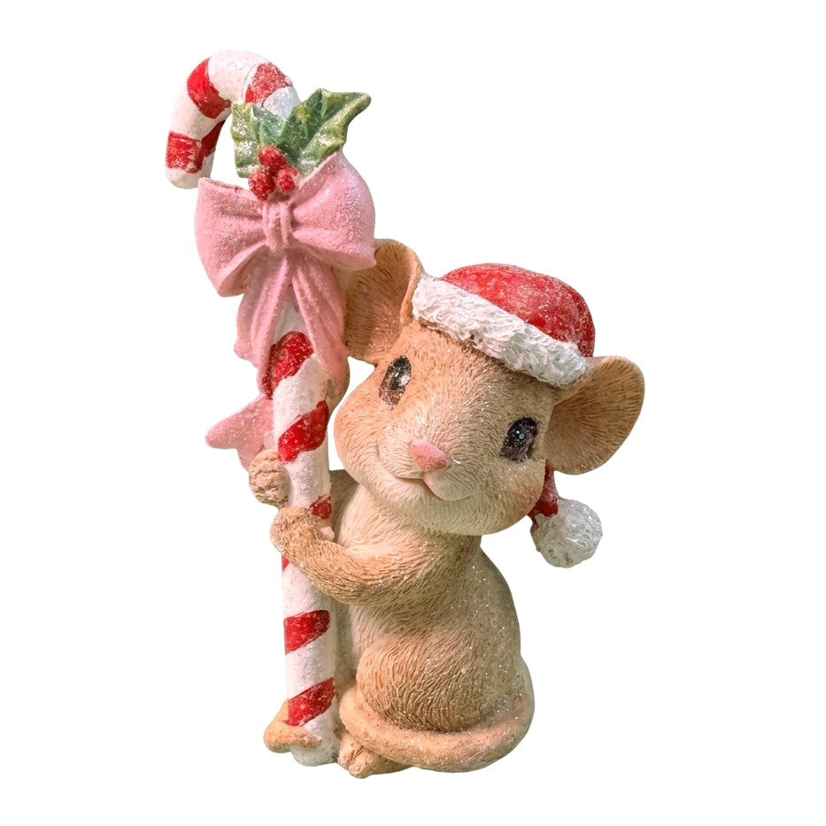 Decorazione natalizia in resina, topino con cappello da Babbo Natale che abbraccia un bastoncino di zucchero con fiocco rosa