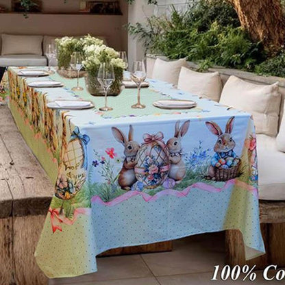 tovaglia cotone pasquale con conigli stile romantico cornice verde pois
