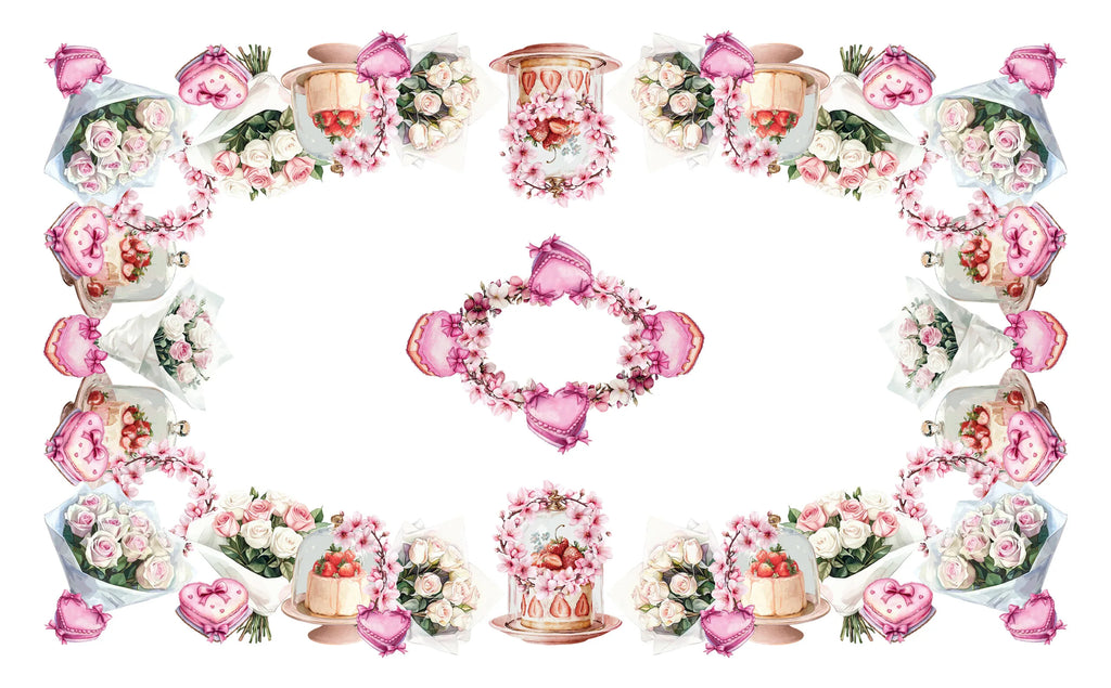 tovaglia 150 x 180 con dolci e cuori rosa