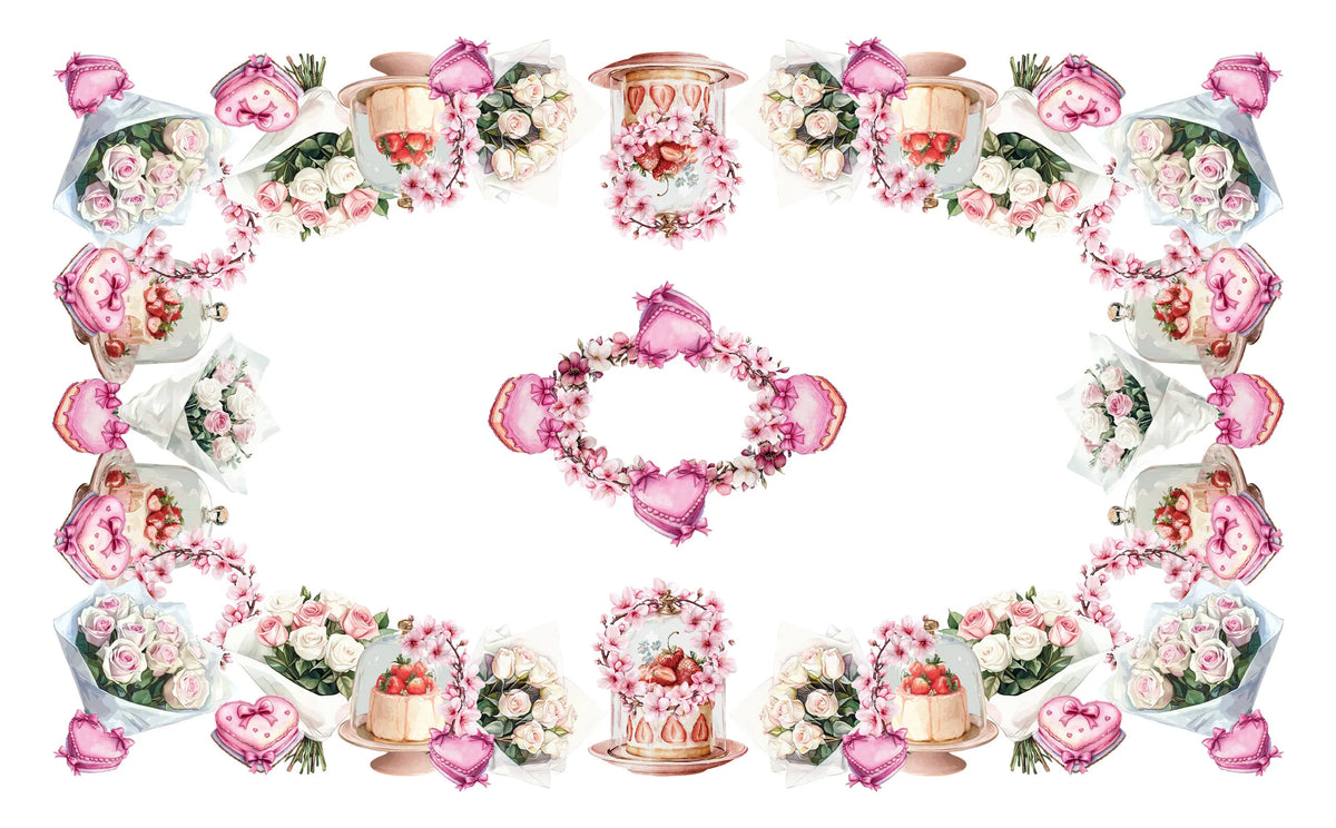 tovaglia 150 x 180 con dolci e cuori rosa
