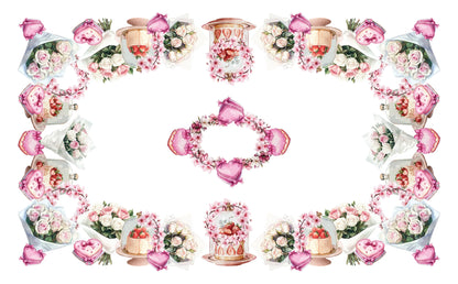 tovaglia 150 x 180 con dolci e cuori rosa