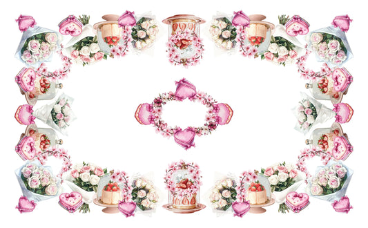 tovaglia 150 x 180 con dolci e cuori rosa