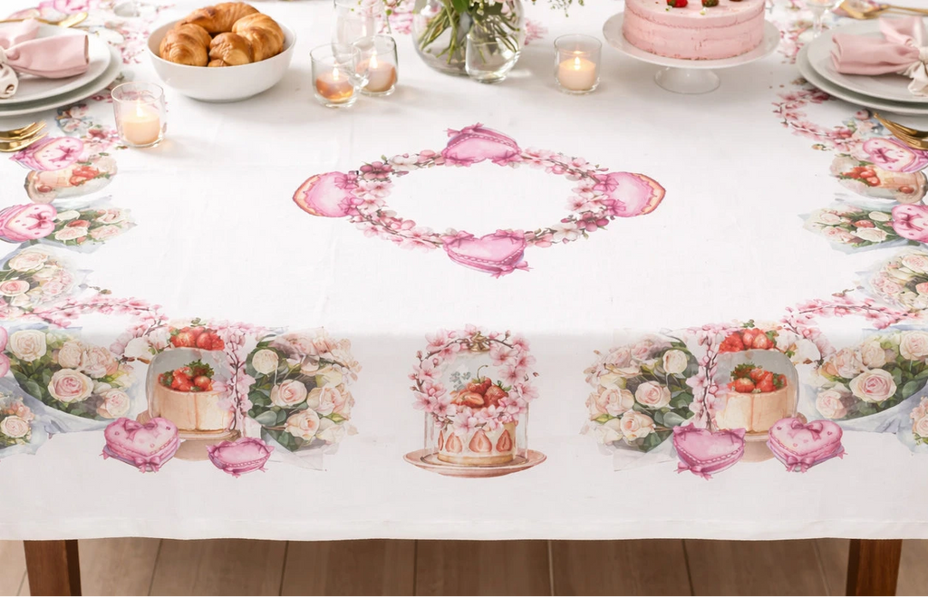 tovaglia cotone con dolci, cuori e rose 6 persone