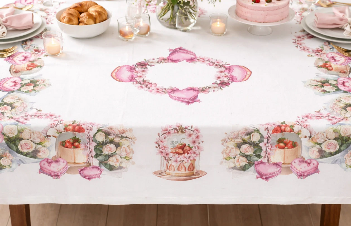 tovaglia cotone con dolci, cuori e rose 6 persone