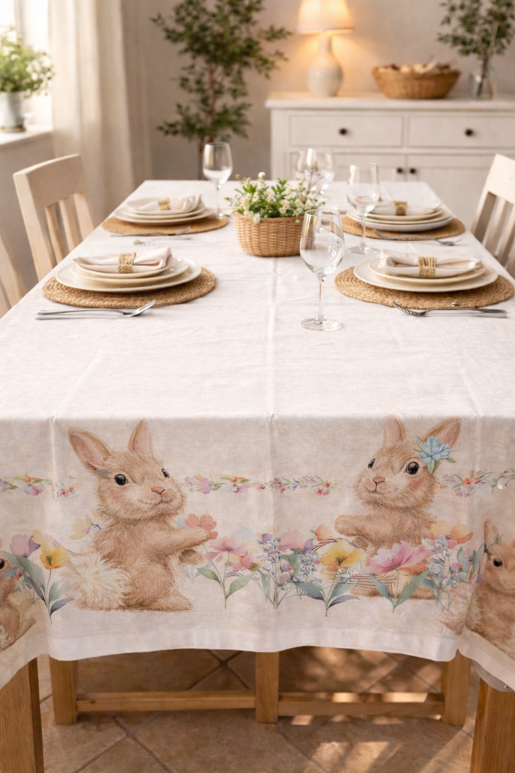 tovaglia 6 persone misto cotone pasqua conigli fiori