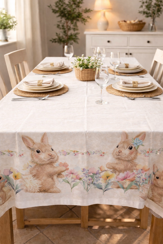tovaglia 6 persone misto cotone pasqua conigli fiori
