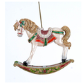 Cavallo a dondolo bianco perlato con criniera e coda glitter oro, sella rossa con bordo bianco e base verde decorata con agrifoglio e stella