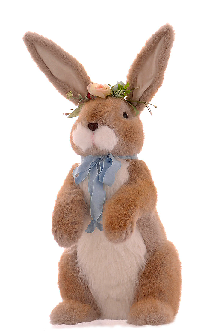 coniglio decorativo marrone con fiori e fiocco azzurro