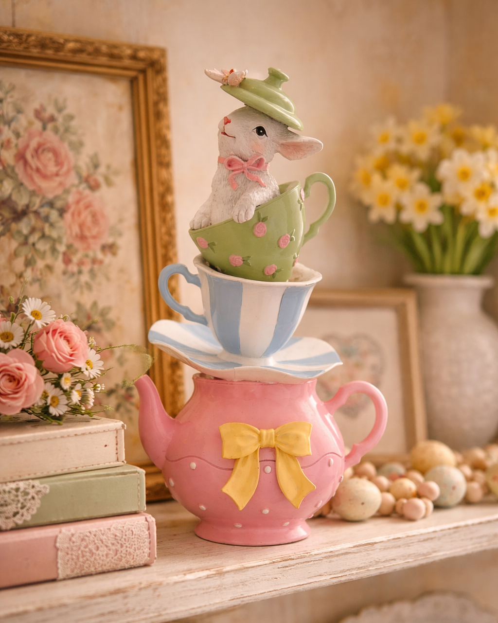 decorazione pasquale moderna coniglio dentro teiera rosa
