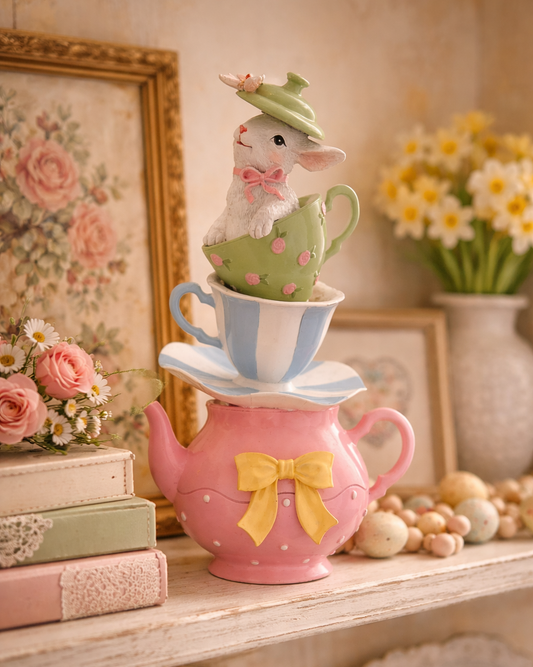 decorazione pasquale moderna coniglio dentro teiera rosa