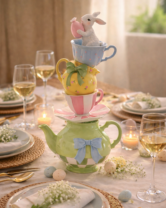 decorazione casa pasqua coniglio teiera verde