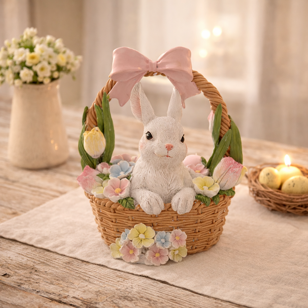 decorazione pasqua cestino vimini coniglio fiocco rosa