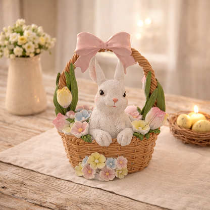 decorazione pasqua cestino vimini coniglio fiocco rosa