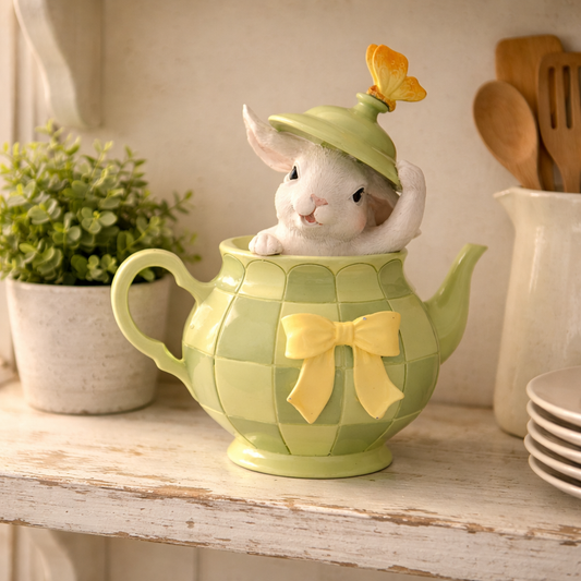 decorazione pasqua coniglio dentro teiera verde